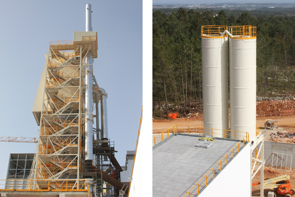 Indústria Cimento e Calcário, Casa de filtros, silos de coque com sistemas de alimentação pneumática, silos de enchimento e estruturas de suporte para outros silos.